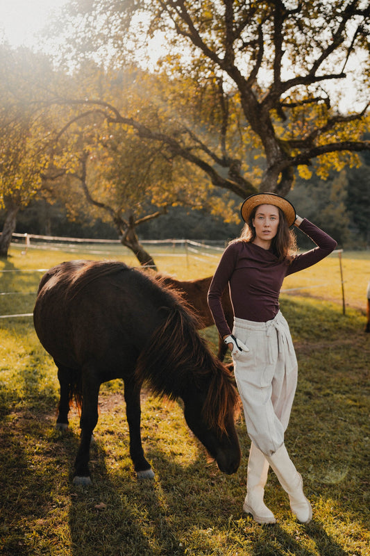 High-Waist Linen Trousers, high-waist herringbone linen-cotton trousers, handmade by Nat.Lesjak in Slovenia