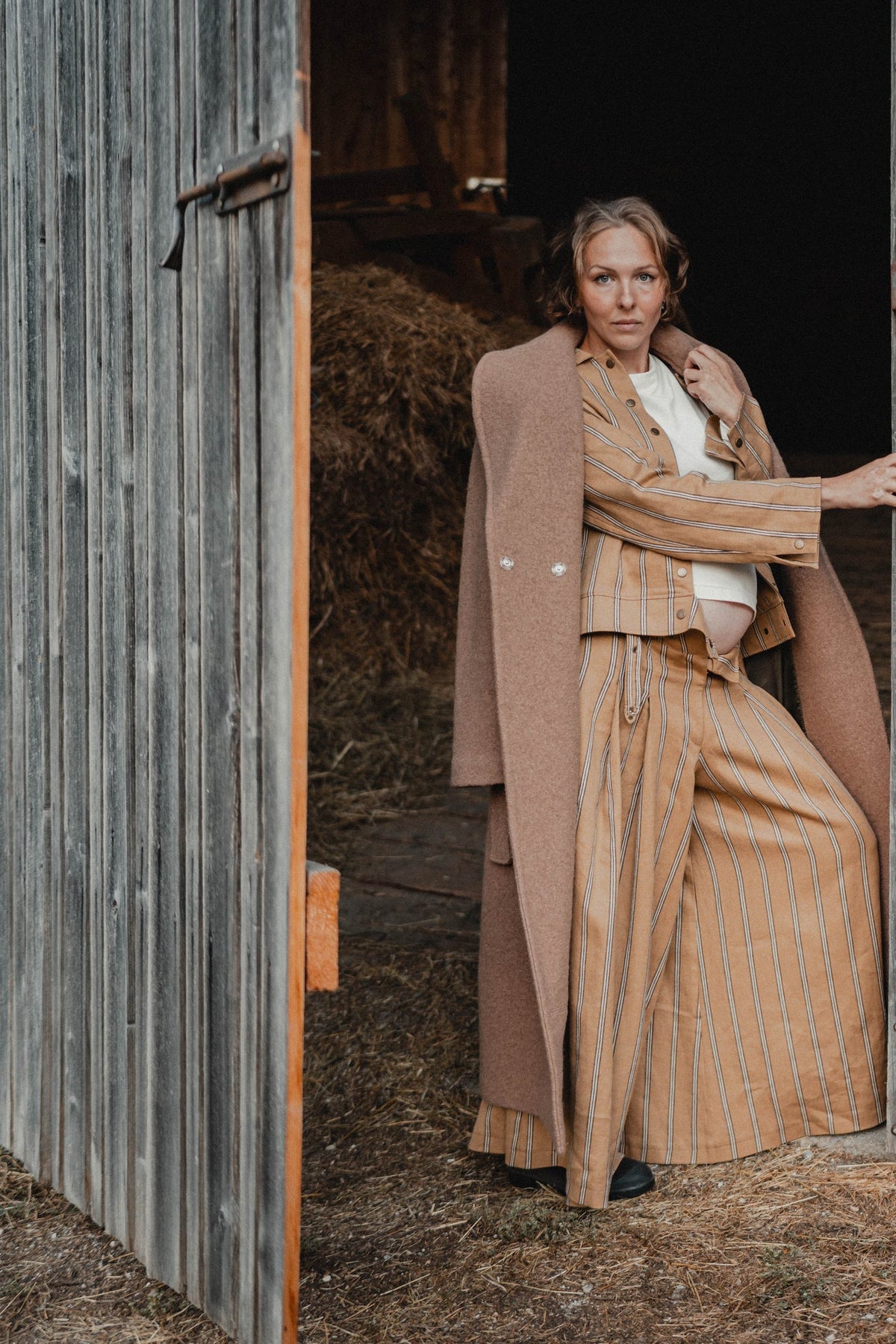Ochre Striped Culottes, ochre striped linen-cotton culottes, handmade by Nat.Lesjak in Slovenia