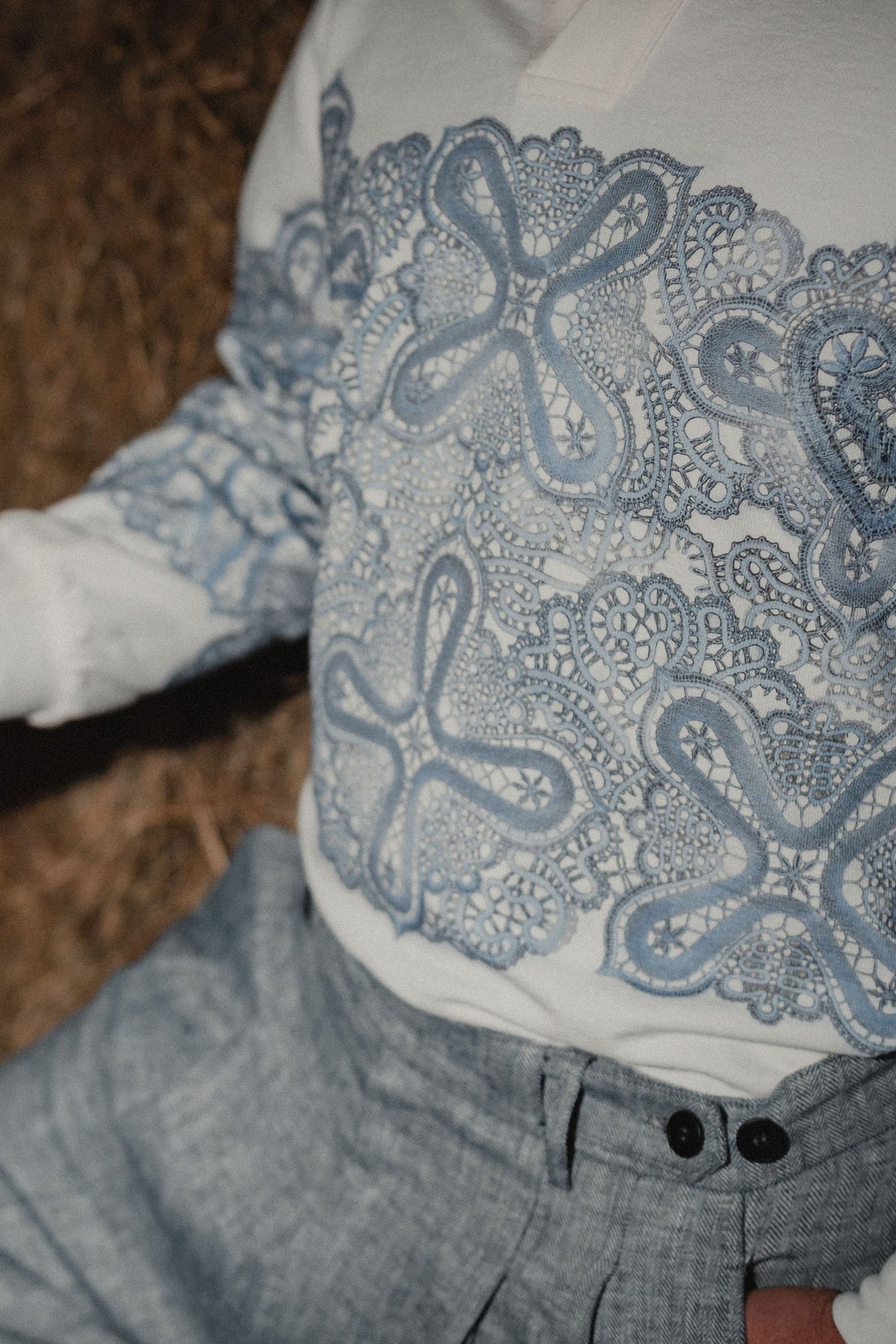 Lace Polo by Nat.Lesjak, cotton crepe polo with Idrija lace-inspired print (4/5)
