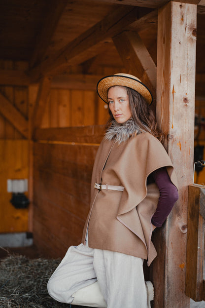 Camel Wool Poncho, camel wool poncho with faux fur collar, handmade by Nat.Lesjak in Slovenia
