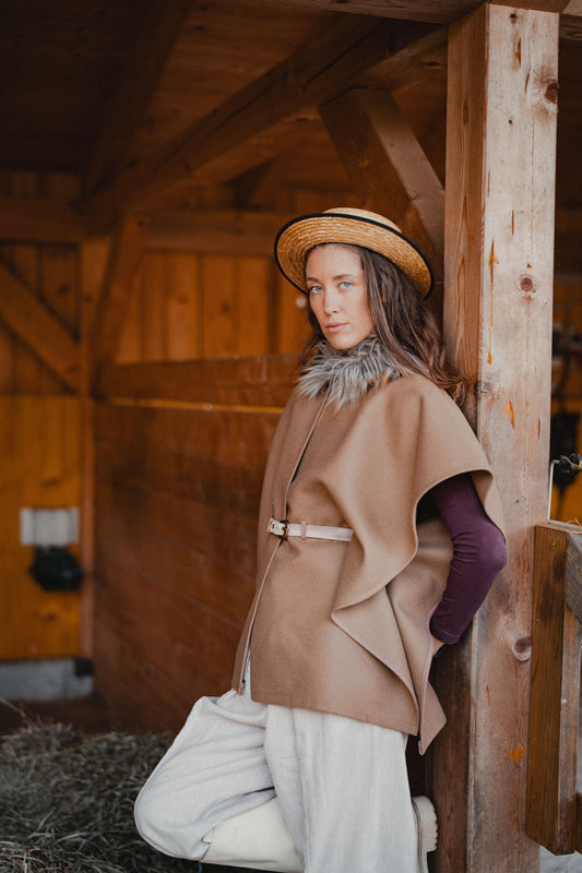 Camel Wool Poncho, camel wool poncho with faux fur collar, handmade by Nat.Lesjak in Slovenia